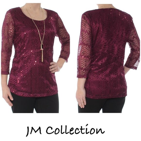 JM Collection maroon lace and sequin 3/4 sleeve shirt. Sz Large - Picture 1 of 9